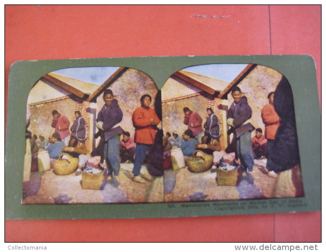 4 STEREO CARDS Zagerij  CHINA Manchurian, Jonks Shangai, Chinese Sawmill,  Chu Kiang River Kanton - Cartes Stéréoscopiques