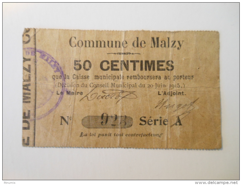 Aisne 02 Malzy , 1ère Guerre Mondiale 50 Centimes 20-6-1915 R - Bons & Nécessité