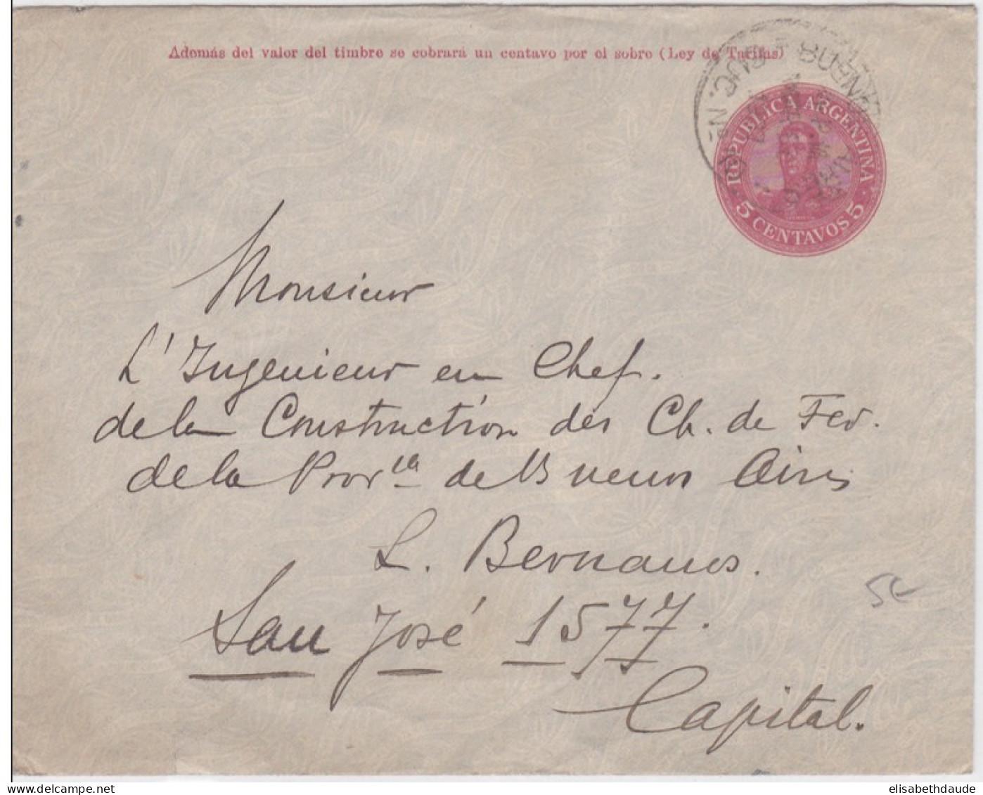 ARGENTINA - 1907 - ENVELOPPE ENTIER POSTAL De BUENOS AIRES Pour SAN JOSE - Interi Postali