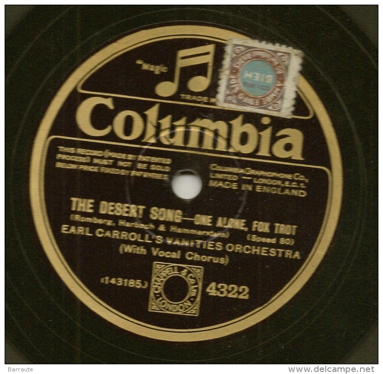 78 Tours Aiguille COLUMBIA "THE DESERT SONG- The RIFF SONG, Fox Trot N° 4322.EARL CARROL´S VANITIES ORCHESTRA. - 78 Rpm - Schellackplatten