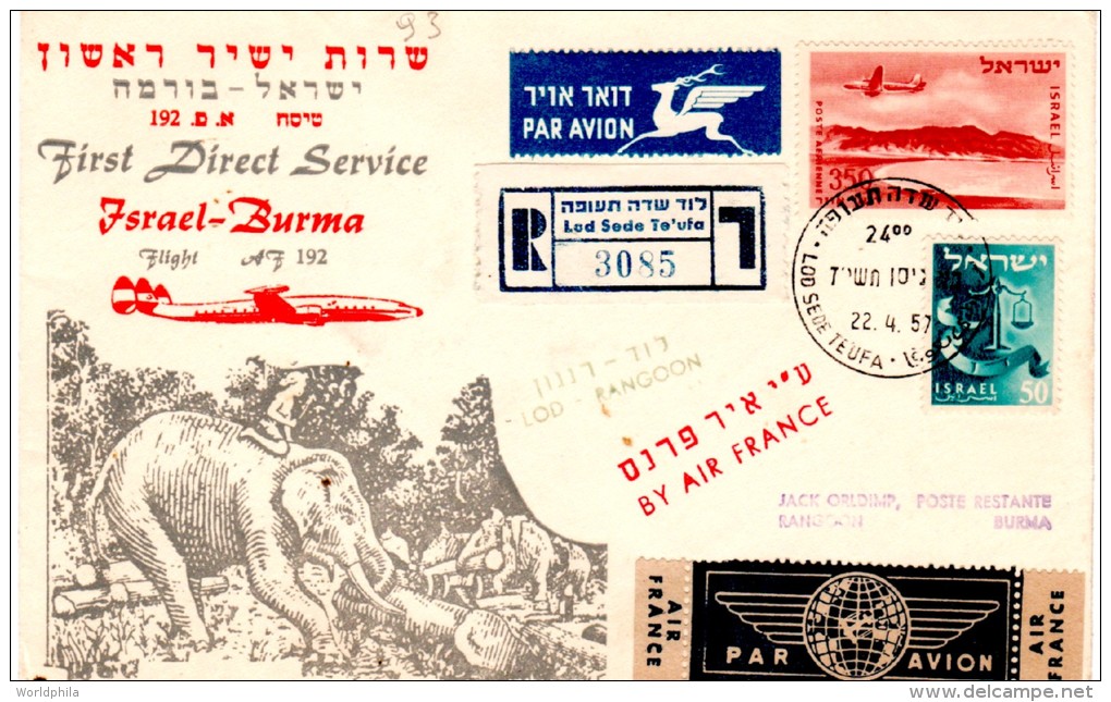 Israel-Burma 1957 "Air France" First Direct Service Registered Cacheted First Flight Cover  FFC / Erstflugbrief - Luftpost