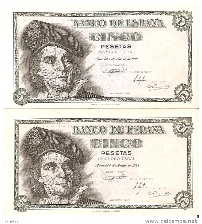 PAREJA CORRELATIVA DE 5 PTAS DEL 1948 SERIE M 1 BILLETE SIN CIRCULAR Y EL OTRO MBC+ (BANKNOTE) - 5 Peseten