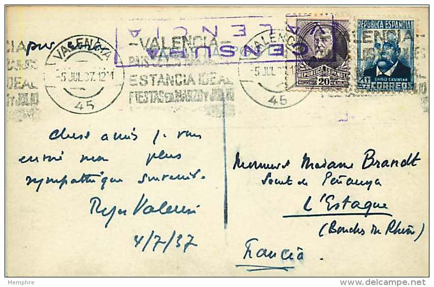 1937   Tarjeta Postal  Valencia Por La Francia  &laquo;Censura / Valencia&raquo; - Cartas & Documentos