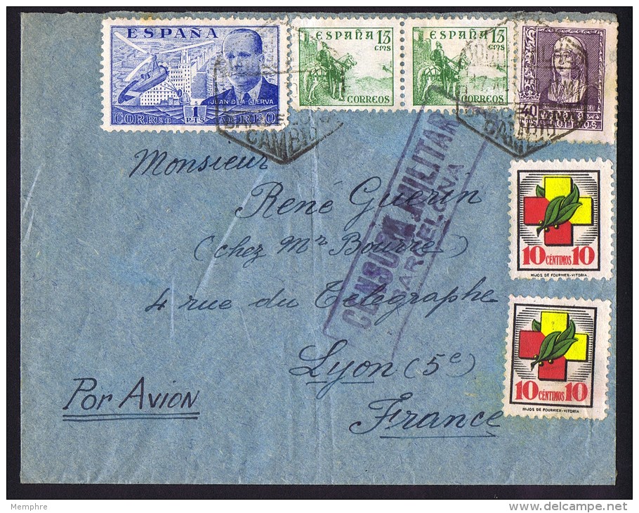 1939  Carta Por Avion Por La Francia   &laquo;Censura Militar / Barcelona&raquo; Vi&ntilde;ettas - Cartas & Documentos