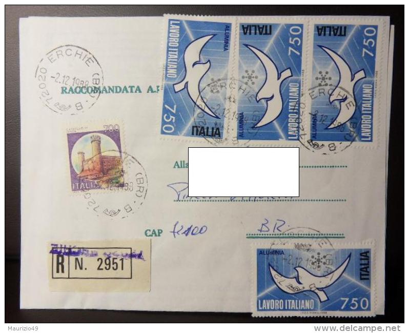 ERCHIE (BR) 1988 2 Dicembre Raccomandata Lavoro Italiano 750 Lire Uso Multiplo + 700 - 1981-90: Storia Postale