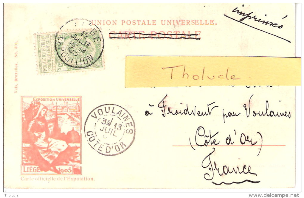 56 Avec Oblitération "Exposition De Liège-1905"-Carte Postale-Palais Des Fêtes -Oblitération De Voulaines (Côte D´Or)- - 1893-1907 Armoiries