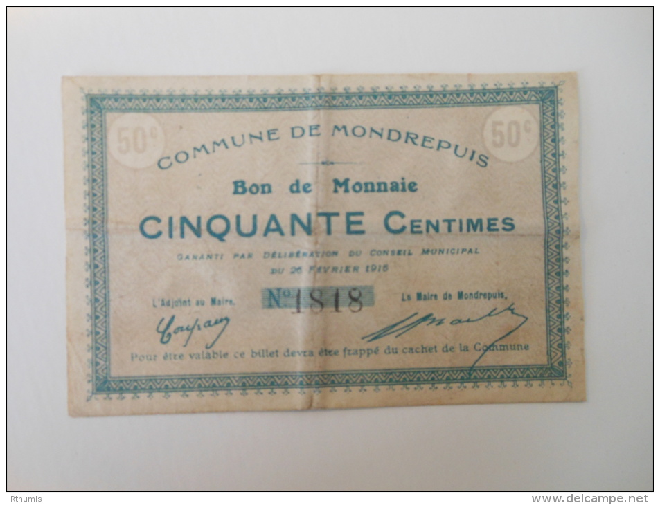 Aisne 02 Mondrepuis , 1ère Guerre Mondiale 50 Centimes 26-2-1915 - Bons & Nécessité