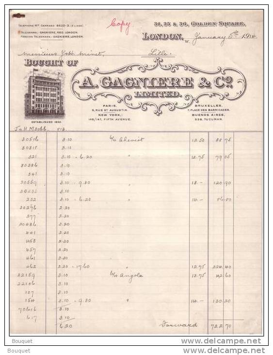 ROYAUME UNI - LONDON - LONDRES - PARIS - BRUXELLES - BUENOS AIRES - A. GAGNIERE & CO LIMITED - 1914 - Verenigd-Koninkrijk