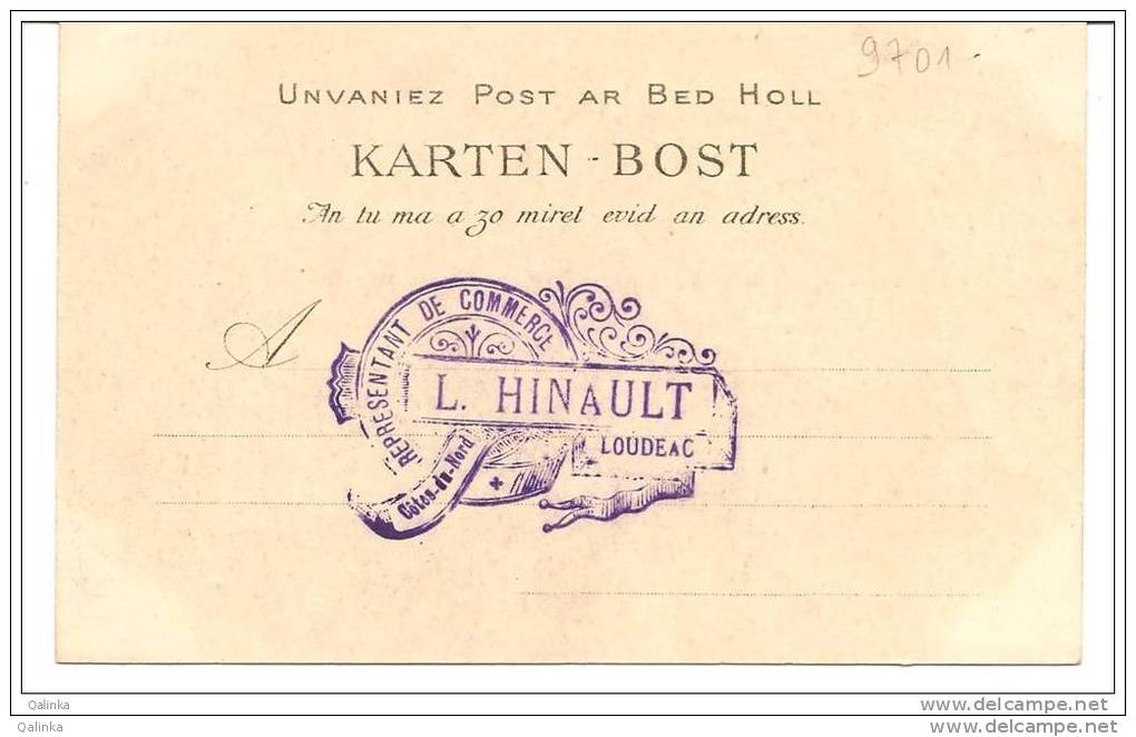 Cachet Au Dos De Carte Postale De L. Hinault, Représentant De Commerce à Loudeac - Cartes De Visite