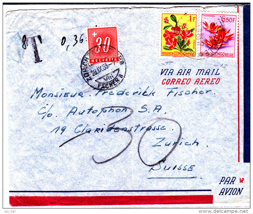 N°310/317 Elisabethville 23.9.53 S/l. AVION V.Zûrich Taxe Suisse De 30c. TB - Briefe U. Dokumente