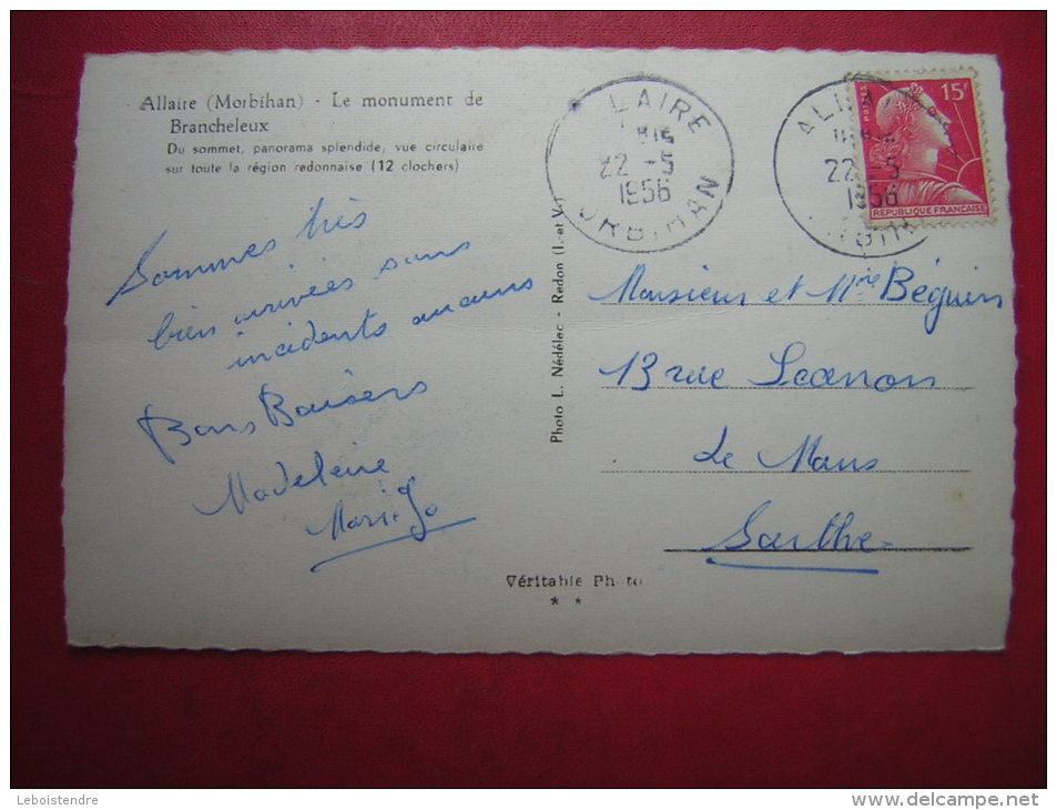 CPSM 56  ALLAIRE MORBIHAN LE MONUMENT DE BRANCHELEUX    VOYAGEE 1956 TIMBRE - Allaire