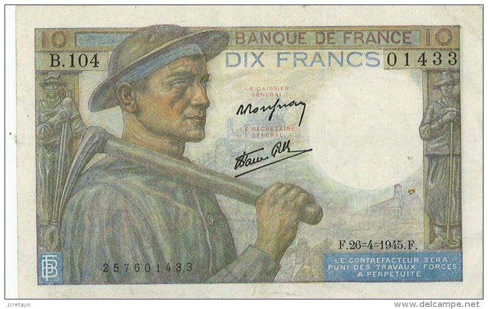 10 Francs Mineur, Ref Fayette  8-14, état TTB - 10 F 1941-1949 ''Mineur''