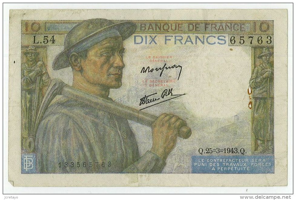 10 Francs Mineur, Ref Fayette  8-8, état TTB - 10 F 1941-1949 ''Mineur''