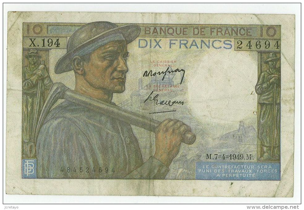 10 Francs Mineur, Ref Fayette  8-21, état TTB - 10 F 1941-1949 ''Mineur''