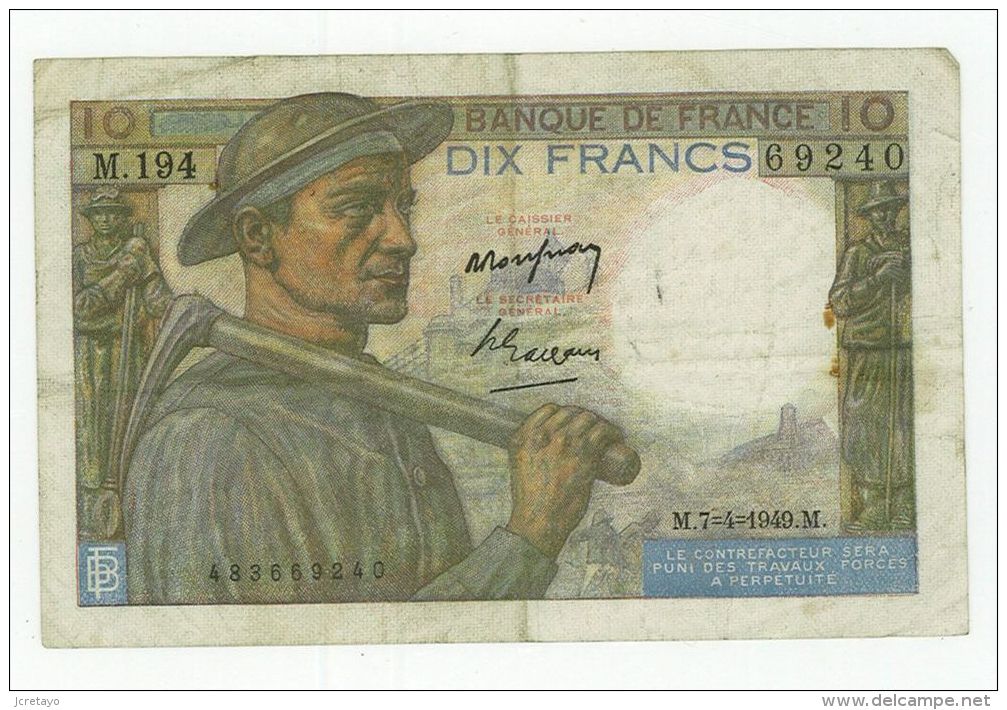 10 Francs Mineur, Ref Fayette  8-21, état TTB - 10 F 1941-1949 ''Mineur''