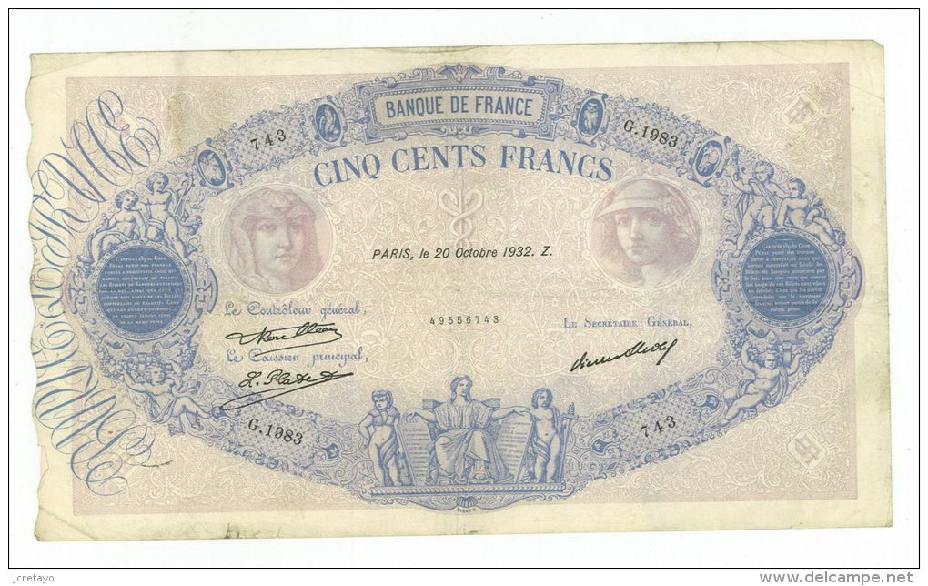 500 Francs Bleu Et Rose, Ref Fayette 30-35, état TTB++ - 500 F 1888-1940 ''Bleu Et Rose''