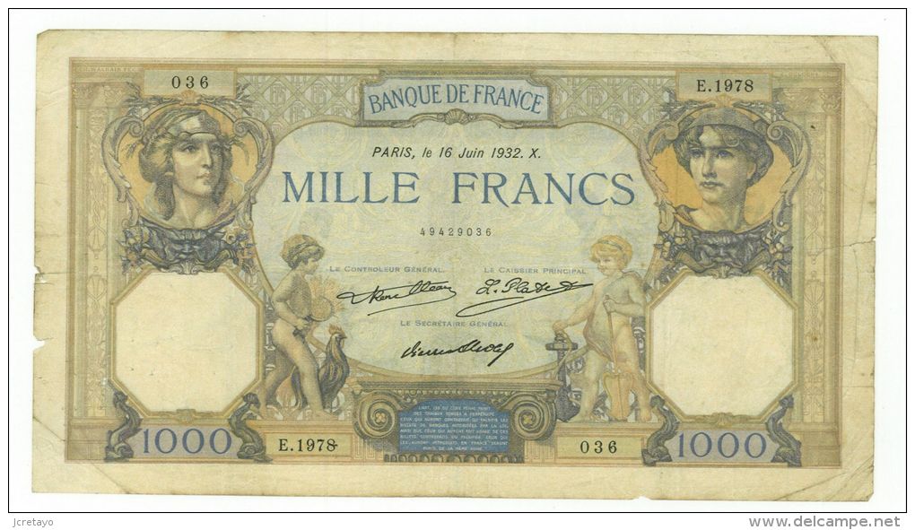 1000 Francs Ceres Et Mercure, Ref Fayette 37-7, état TB - 1 000 F 1927-1940 ''Cérès E Mercure''