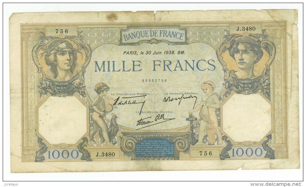 1000 Francs Ceres Et Mercure, Ref Fayette 38-21, état TB - 1 000 F 1927-1940 ''Cérès Et Mercure''