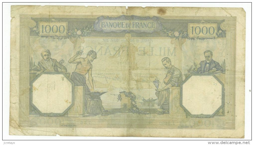 1000 Francs Ceres Et Mercure, Ref Fayette 38-21, état TB - 1 000 F 1927-1940 ''Cérès Et Mercure''