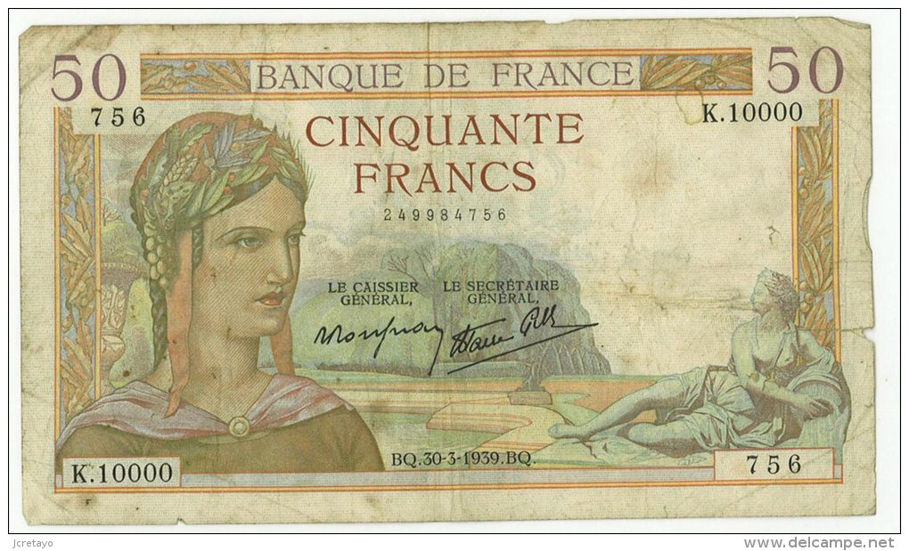 50 Francs Ceres, Ref Fayette 18-24, état TB/TTB - 50 F 1934-1940 ''Cérès''