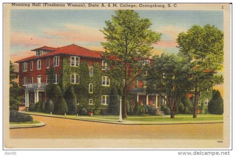 Orangeburg SC South Carolina, Manning Hall State A&amp;M College, Freshman Women Dorm, C1940s/50s Vintage Postcard - Orangeburg