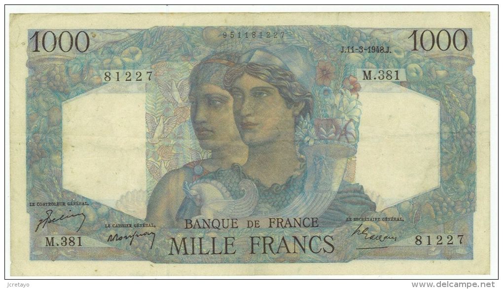 1000 Francs Minerve Et Hercule, Ref Fayette 41/19, état TTB+ - 1 000 F 1945-1950 ''Minerve Et Hercule''
