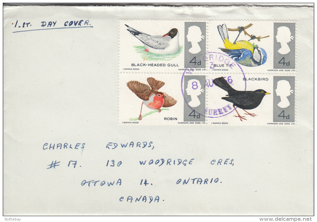 Great Britain FDC Scott #464a Block Of 4 Birds Cancel Wexbridge Surrey - 1952-1971 Em. Prédécimales