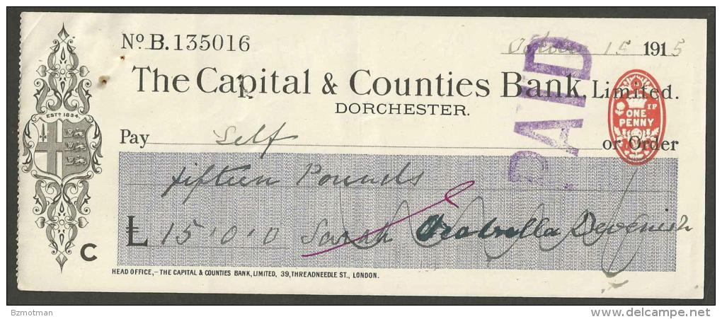 XT18 Cheque Capital & Counties Bank Ltd Dorchester 1915 Drawn By S Devenish - Cheques & Traveler's Cheques