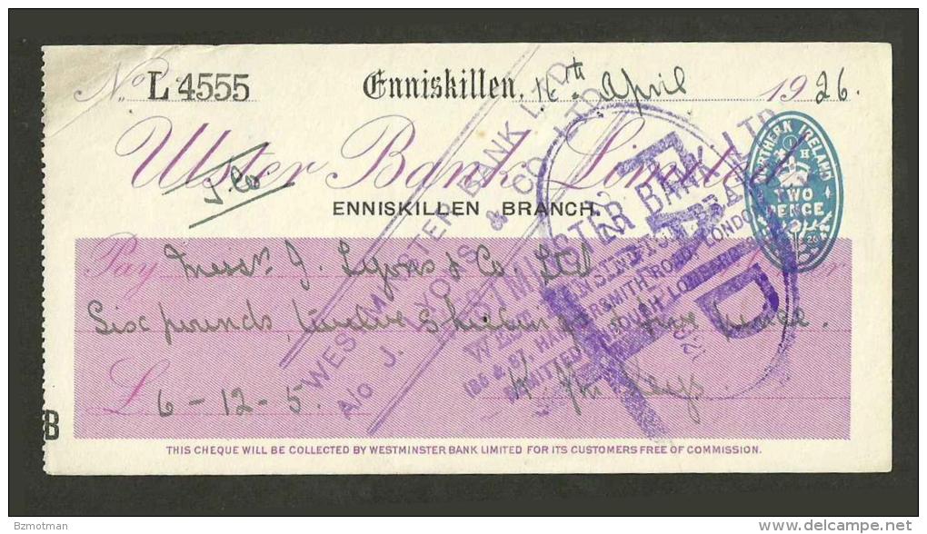 XT23 Cheque Ulster Bank Ltd Enniskillen 1926 - Cheques & Traveler's Cheques