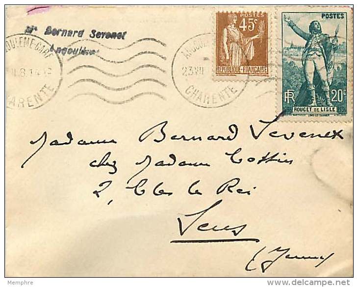 1941  Lettre D'Angoulême Pour Paris Rouget De Lille Yv 314, Paix 45 C Yv 282 - Lettres & Documents