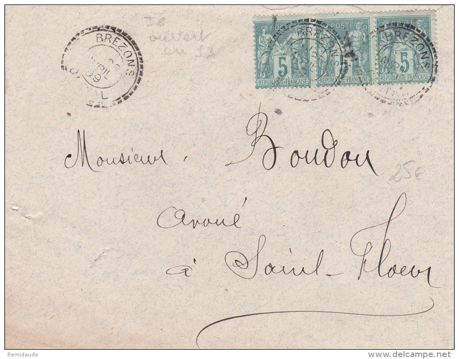 1899 - SAGE - ENVELOPPE De BREZONS (CANTAL) Avec CACHET FACTEURS BOITIERS TYPE 1884 - 1877-1920: Periodo Semi Moderno