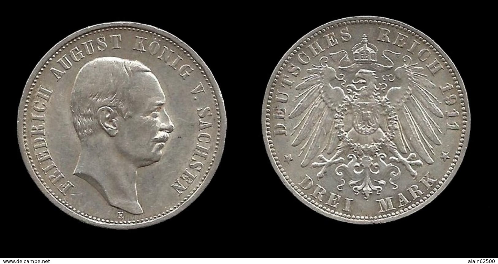 ALLEMAGNE . SAXE.  FREDERIC AUGUST III. (1904 .  1918 ) . 3 MARK . 1911 E . - 1 Mark