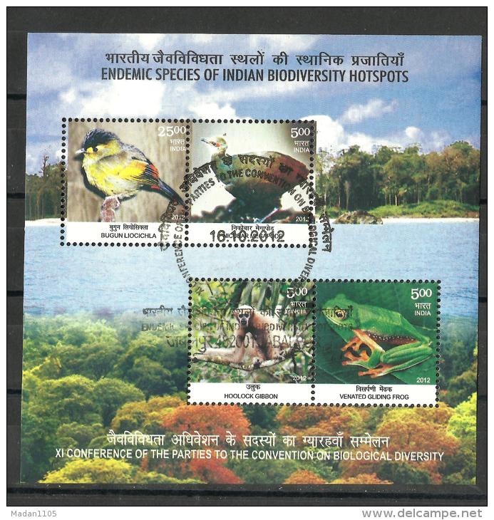 INDIA,  2012,  Biodiversity, Fauna, , Miniature Sheet, First Day Jabalpur Cancellation. - Used Stamps