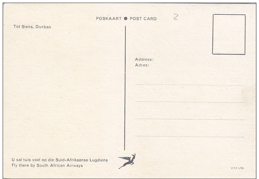 South African Airways Airline Issue Postcard - Tot Siens , Durban - 1946-....: Moderne