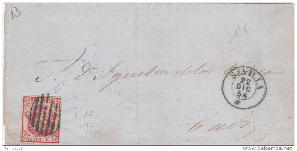 ESPAGNE - 1854 - LETTRE De SEVILLA Pour CADIZ - Covers & Documents