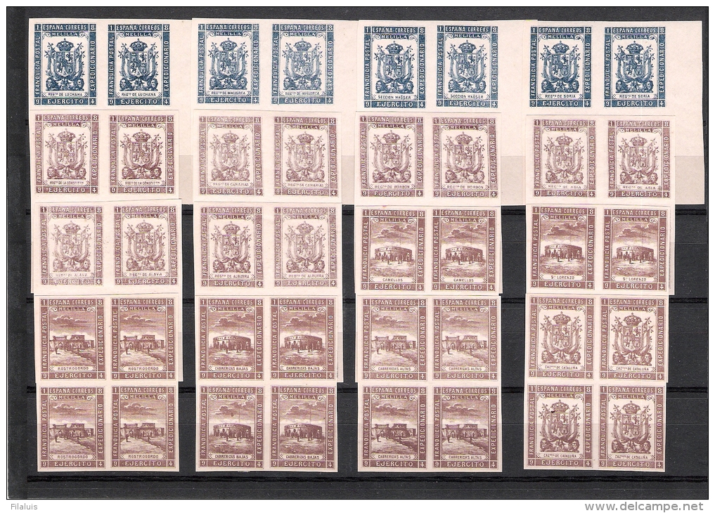 01829 ESPAÑA -  FRANQUICIAS POSTALES MILITARES - EDIFIL Nº 1S/53S ** EN BLOQUES DE 4 SIN DENTAR - Military Service Stamp