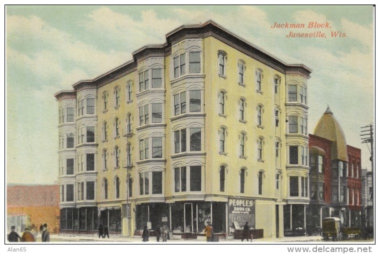 Janesville WI Wisconsin, Jackman Block, Street Scene, Peoples Drug Co. Sign, C1900s/10s Vintage Postcard - Janesville