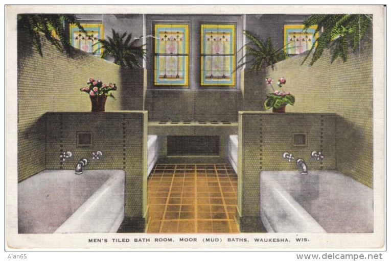 Waukesha WI Wisconsin, Mens Tiled Bath Room, Moor Mud Bath Spa C1910s Vintage Postcard - Waukesha