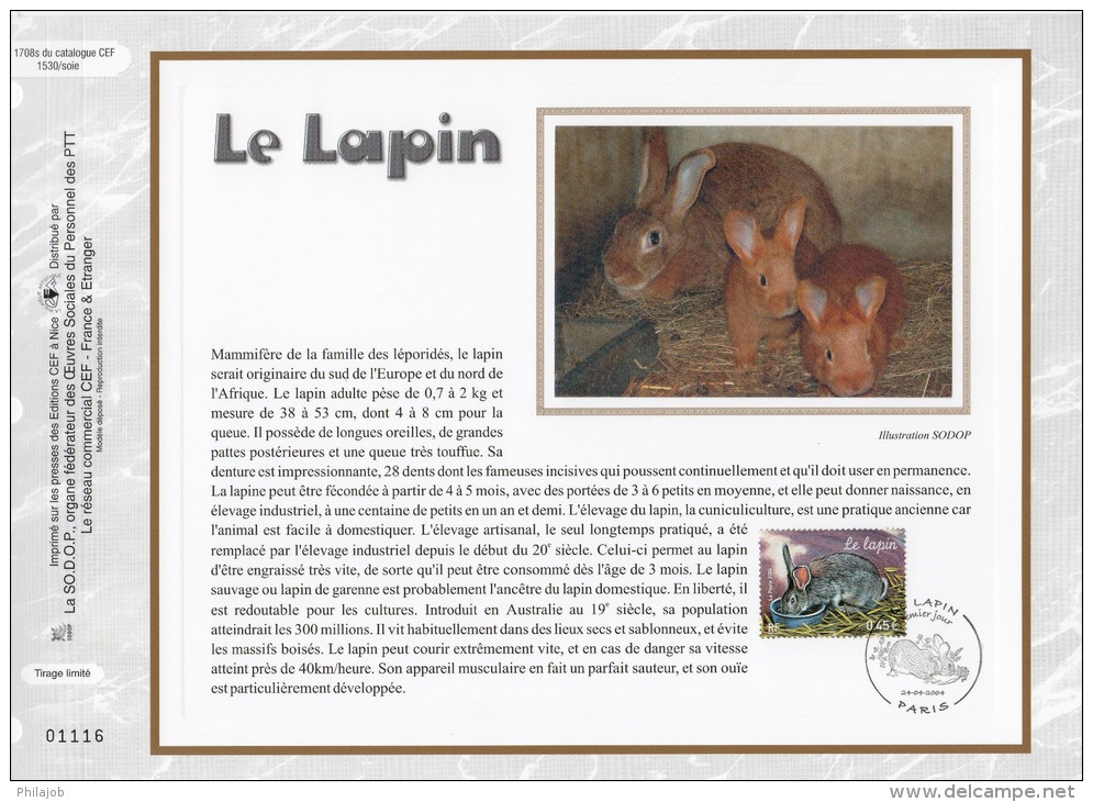 CEF 1° Jour N°té En SOIE De 2004 N° 1708s " NATURE DE FRANCE : LE LAPIN ". N° YT 3662. Parfait état - Hoftiere