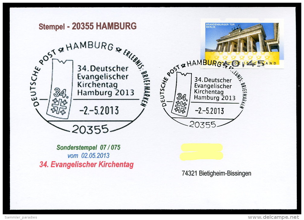 91266) BRD - Postkarte Mit SoST 07/075 Vom 2.5.2013 In 20355 HAMBURG - 34. Dt. Evangelischer Kirchentag - Franking Machines (EMA)