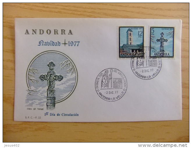 ANDORRA ESPAÑOLA - ANDORRE ESPAGNOL  AÑO 1977 NAVIDAD - NOËL   FDC        Edifil Nº 110 / 111  Yvert Nº 102 / 103 - Covers & Documents