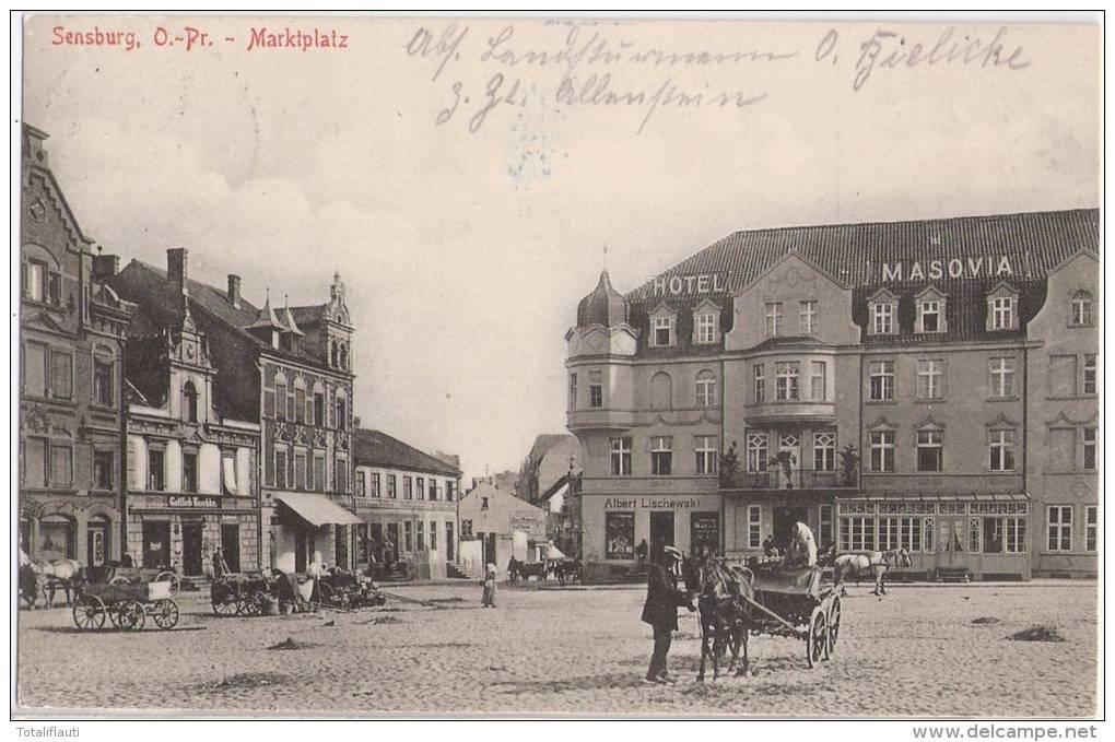 Sensburg Ostpreußen Mragowo Markt Belebt Pferdekutsche Hotel MASOVIA 22.11.1915 Gelaufen ALLENSTEIN Ortsstempel - Ostpreussen