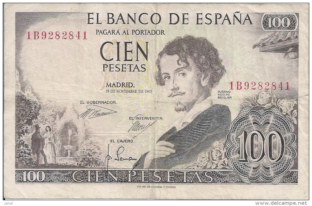 -  ESPAGNE - BILLETS - 100 PESETAS - 19 NOVEMBRE 1965 - N° 1B9282841 - 100 Pesetas