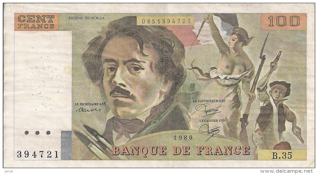 -  FRANCE - BILLETS - 100 F - DELACROIX -  1980 - N° 394721 . B . 35 - 100 F 1978-1995 ''Delacroix''