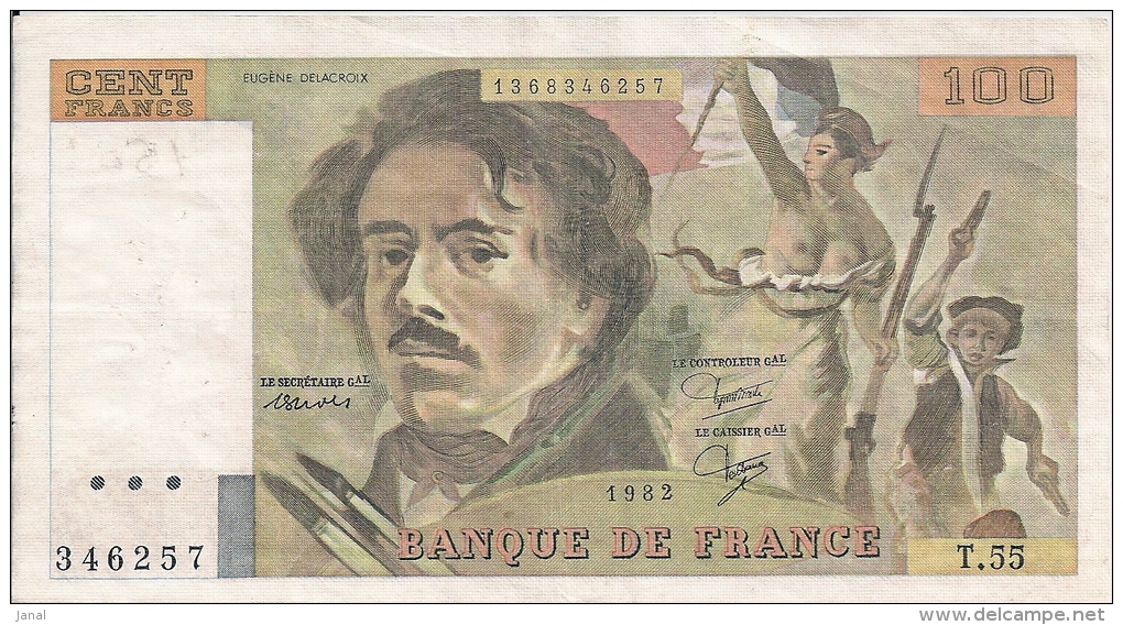 -  FRANCE - BILLETS - 100 F - DELACROIX -  1982 - N° 346257 .T . 55 - 100 F 1978-1995 ''Delacroix''