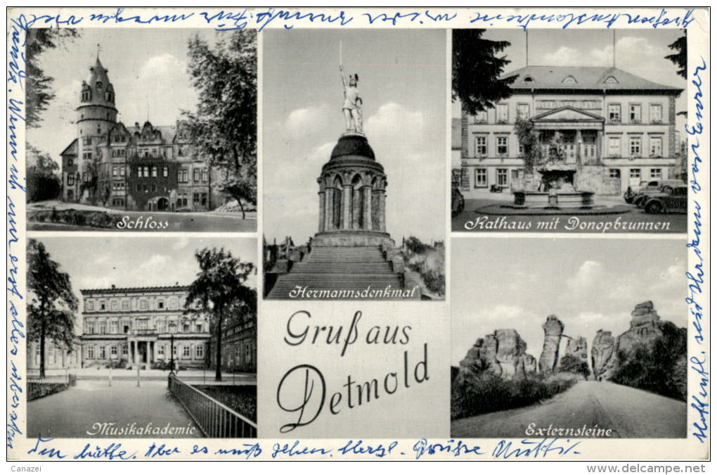 AK Detmold: Musikakademie, Hermannsdenkmal, Extersteine, Gel 1960 - Detmold