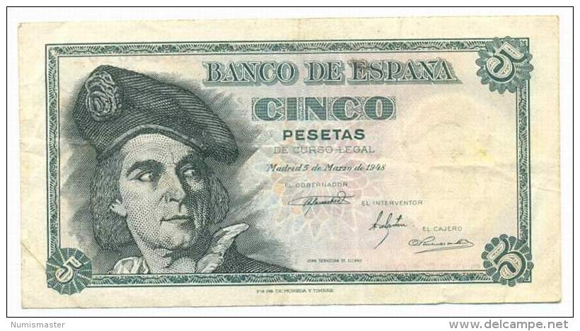 SPAIN , 5 PESETAS 5.3.1948. ,  P-136 - 5 Peseten