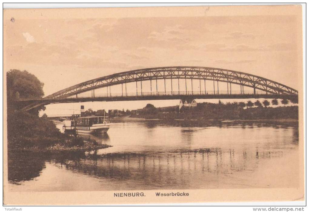 Nienburg Weser Brücke Fluß Fahrgastschiff Ungelaufen - Nienburg