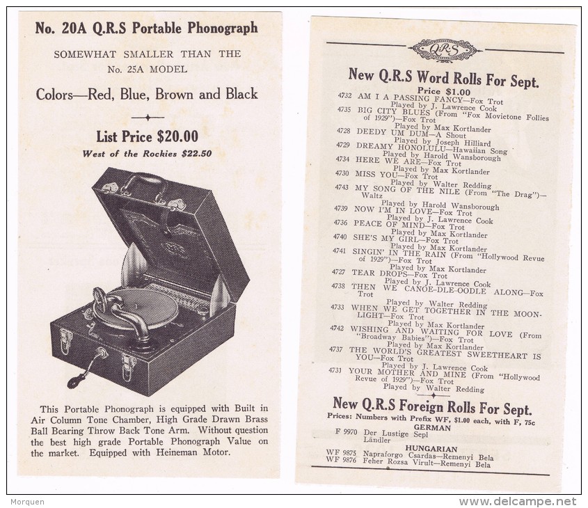 6051. Program Publicitaire New Q.R.S. Music.  Old Phonograph 1929 - Programs