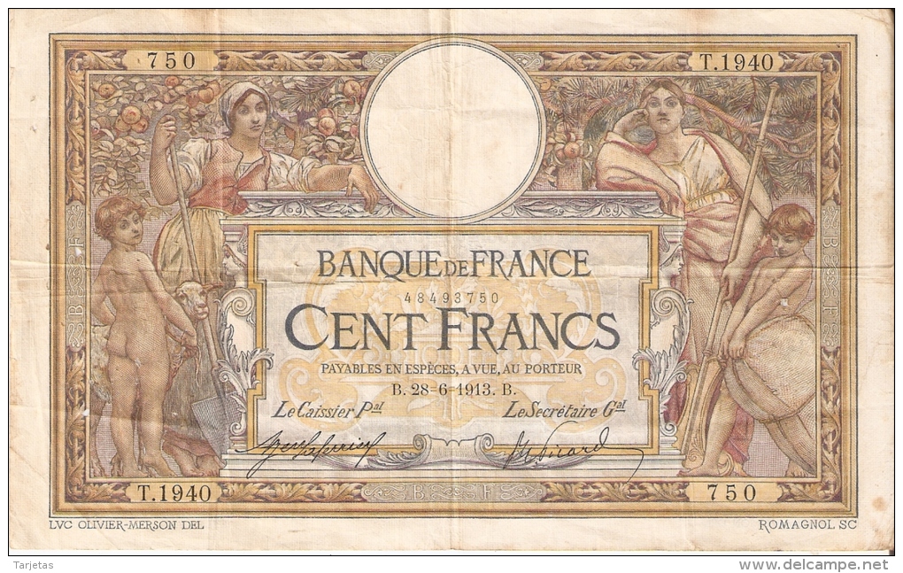 BILLETE DE FRANCIA DE 100 FRANCOS DEL 28-6-1913 LUC OLIVIER MERSON  (BANKNOTE) RARO - 100 F 1908-1939 ''Luc Olivier Merson''